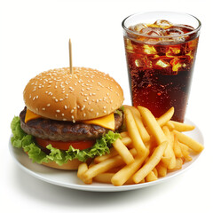 hamburger with french fries and cola isolated on white background