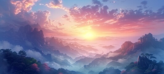 Scenic anime-style landscape with a vibrant sunrise illuminating blooming trees, misty valleys, and majestic mountain ranges in a tranquil setting.