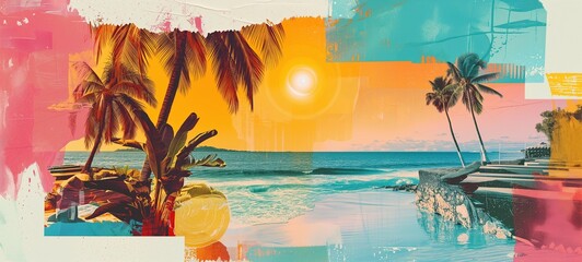 Artistic summer collage with palm trees and beach scenery in sunset hues, blending vintage charm with vibrant tropical colors and textures. - obrazy, fototapety, plakaty