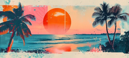 Stylized tropical sunset with palm tree silhouettes against a pastel sky, layered with textures and abstract shapes for a modern yet retro collage feel.