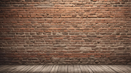 a brick wall with a wooden floor in front of it and a light shining on the wall behind it