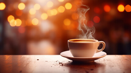 Obraz premium Cup of coffee with steam on bar counter in coffeeshop