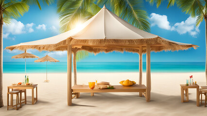 Obraz premium white sandy beach, azure waters, sun umbrellas, and pavilions. Relaxed and vacation-like atmosphere. Ideal for summer events, vacation-themed parties, or product promotions.