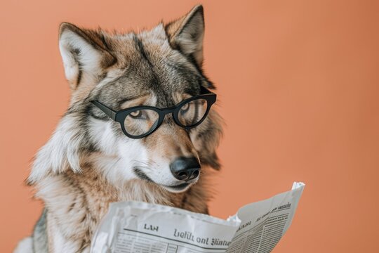 Wolf with glasses reading newspaper. AI generative art
