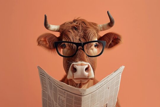 Cow with glasses reading newspaper. AI generative art