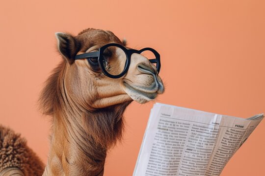 Camel with glasses reading newspaper. AI generative art