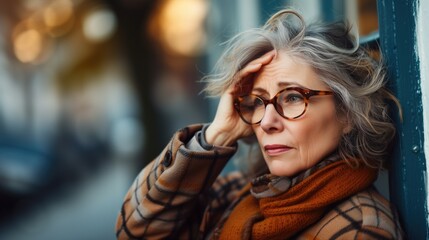 Headshot of senior mature stylish female retiree suffering from hot menopause flashes or sick headache migraine or megrim with hand on her head standing on urban city street