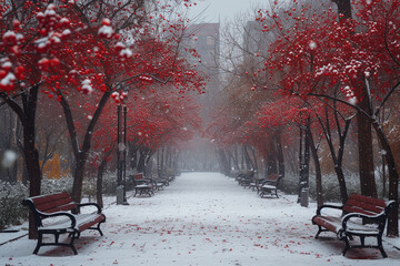 Inner City Park Transforming with Snowfall, Adorned by Striking Red Wild Apple Trees"