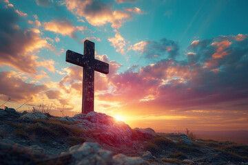 Good Friday Concept with Cross Silhouetted Against the Serene Sunset Sky"