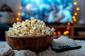 : Wooden Bowl of Popcorn and Remote Control with the TV Glowing in the Background, Creating a Cozy Evening for Movie or TV Series Watching at Home"