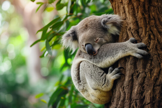 Koala on tree in wild nature. Wildlife photography of a koala bear on a branch tree. The Australia koala. a young koala up a tree