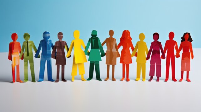 Team of paper doll people holding hands. Paper people of all colors