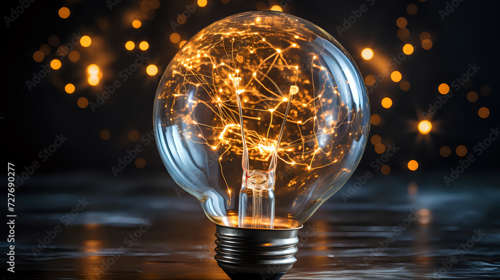 Poster illuminated lightbulb with sparking filament. close-up of a glowing lightbulb with a sparking filame