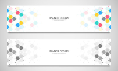 Banner design templates and headers for site with molecular structures background and chemical engineering. Science, medicine and innovation technology concept.