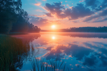 Panoramic Beauty Unfolding Over a Tranquil Lake"