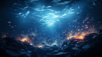 Underwater Volcanic Eruption: A Mystical Seascape.  Captivating underwater scene depicting a volcanic eruption with fiery embers and fish swimming above, perfect for nature documentaries and fantasy 
