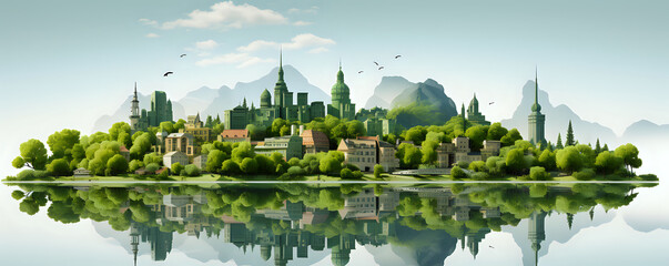 Fototapeta na wymiar Tranquil City Reflection: Eco-Urban Concept. A serene cityscape with lush greenery and a perfect mirror reflection, ideal for themes of urban planning, eco-cities, and sustainable living.