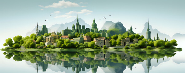 Tranquil City Reflection: Eco-Urban Concept. A serene cityscape with lush greenery and a perfect mirror reflection, ideal for themes of urban planning, eco-cities, and sustainable living.