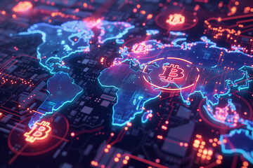 The digital map featuring illuminated Bitcoin icons serves as a powerful visual representation of the cryptocurrency's global financial dominance.