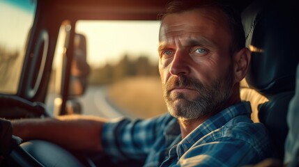 Headshot of serious pensive middle aged mature male truck driver sitting in his cabin driving on sunny day at work in his cabin