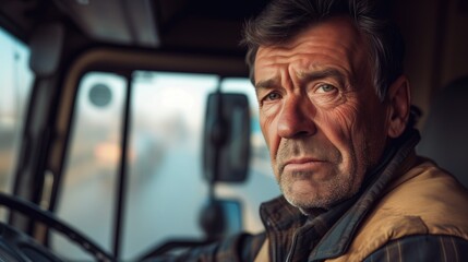Headshot of serious pensive middle aged mature senior male truck driver sitting in his cabin driving on sunny day at work in his cabin