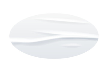 Crumpled white paper ellipse sticker vector illustration. Wrinkled glued label elliptical shape. Realistic isolated oval badge mock up - obrazy, fototapety, plakaty