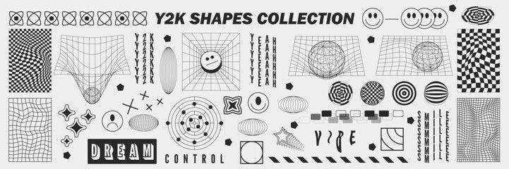 Fototapeta na wymiar Abstract geometry wireframe shapes and patterns, cyberpunk elements, signs and perspective grids. Surreal geometric retro signs. Rave psychedelic futuristic Y2k acid aesthetic set. Vector illustration