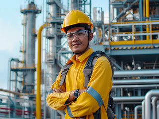 A young Indonesian male petroleum engineer in his mid 30s with a portion of an upstream oil and gas production facilities as a background.