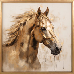A painting of a horse's head with a modern gold frame 