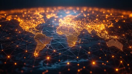 Illuminated Network Connections Spanning Across a Stylized Global Map at Night - obrazy, fototapety, plakaty