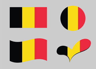 Flag of Belgium. Belgium flag in heart shape. Belgium flag in circle shape. Country flag variations