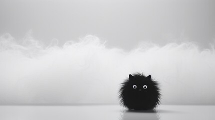 A mysterious fuzzy black creature with wide eyes surrounded by mist, perfect for themes of curiosity, fantasy, and unique character design.