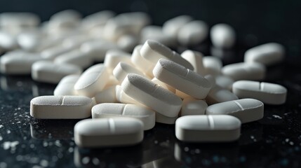 Long, round white pills scattered on a black background