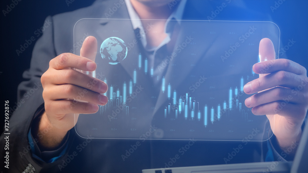Poster blockchain. in the hands of a business coach is a transparent tablet with diagrams and graphs. analy