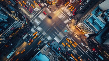 Overhead shot of a bustling city crosswalk with yellow taxis and pedestrians, capturing the vibrant...