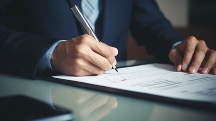 A close-up of a person's hand signing a document, embodying concepts of business, agreements, and professionalism, suitable for corporate and legal themes.