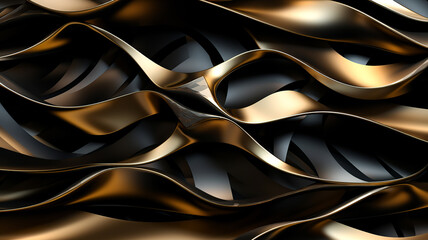 An abstract 3D rendering of smooth flowing curves and waves in luxurious gold and black tones, creating a sense of elegance and dynamic movement.Background concept. AI generated.