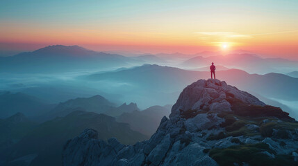 A climber on a mountain peak with the sun peeking over the horizon casting magical light over a wild and vast landscape - obrazy, fototapety, plakaty