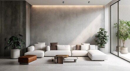 Minimalist Elegance: Modern Living Room with Concrete Wall and White Sofa