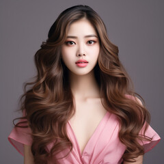 Fototapeta premium Young Beautiful Model Girl With Long Hair Wearing Pink Color Dress, Smooth Brunette Hairstyle Model, Cute, Innocent, and Attractive Looks Isolated Background, Product Model Advertising, Generative AI.