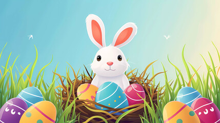 Easter bunny with colorful easter eggs on nest with soft color background.Easter festival website banner.vector illustration.