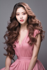 Naklejka premium Young Beautiful Model Girl With Long Hair Wearing Pink Color Dress, Smooth Brunette Hairstyle Model, Cute, Innocent, and Attractive Looks Isolated Background, Product Model Advertising, Generative AI.