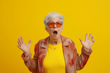 Senior woman in yellow clothe standing with her arms raised and looking excited. closeup face old woman with grimace of horror in fear, open mouth, shocked by news, threw up her hands, thinks about pr - obrazy, fototapety, plakaty