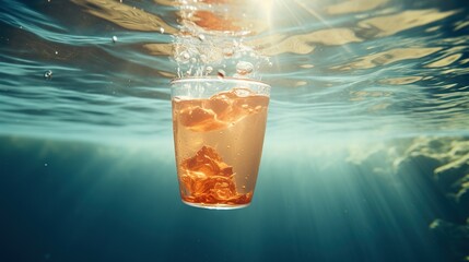 A refreshing iced tea submerged underwater with bubbles, depicting a fresh beverage concept, perfect for drink advertisements and summer themes with ample space for text. - obrazy, fototapety, plakaty