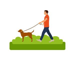 Young man walking with dog - 727694085