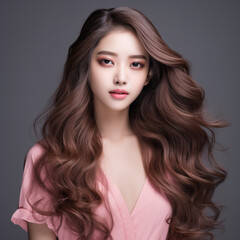 Fototapeta premium Young Beautiful Model Girl With Long Hair Wearing Pink Color Dress, Smooth Brunette Hairstyle Model, Cute, Innocent, and Attractive Looks Isolated Background, Product Model Advertising, Generative AI.
