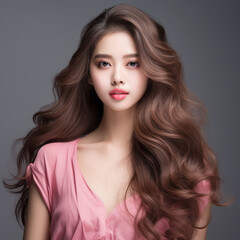 Naklejka premium Young Beautiful Model Girl With Long Hair Wearing Pink Color Dress, Smooth Brunette Hairstyle Model, Cute, Innocent, and Attractive Looks Isolated Background, Product Model Advertising, Generative AI.
