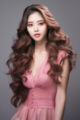 Naklejka premium Young Beautiful Model Girl With Long Hair Wearing Pink Color Dress, Smooth Brunette Hairstyle Model, Cute, Innocent, and Attractive Looks Isolated Background, Product Model Advertising, Generative AI.