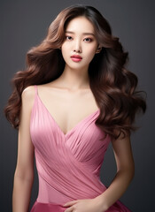 Naklejka premium Young Beautiful Model Girl With Long Hair Wearing Pink Color Dress, Smooth Brunette Hairstyle Model, Cute, Innocent, and Attractive Looks Isolated Background, Product Model Advertising, Generative AI.