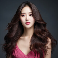 Naklejka premium Young Beautiful Model Girl With Long Hair Wearing Red Color Dress, Smooth Brunette Hairstyle Model, Cute, Innocent, and Attractive Looks Isolated Background, Product Model Advertising, Generative AI.
